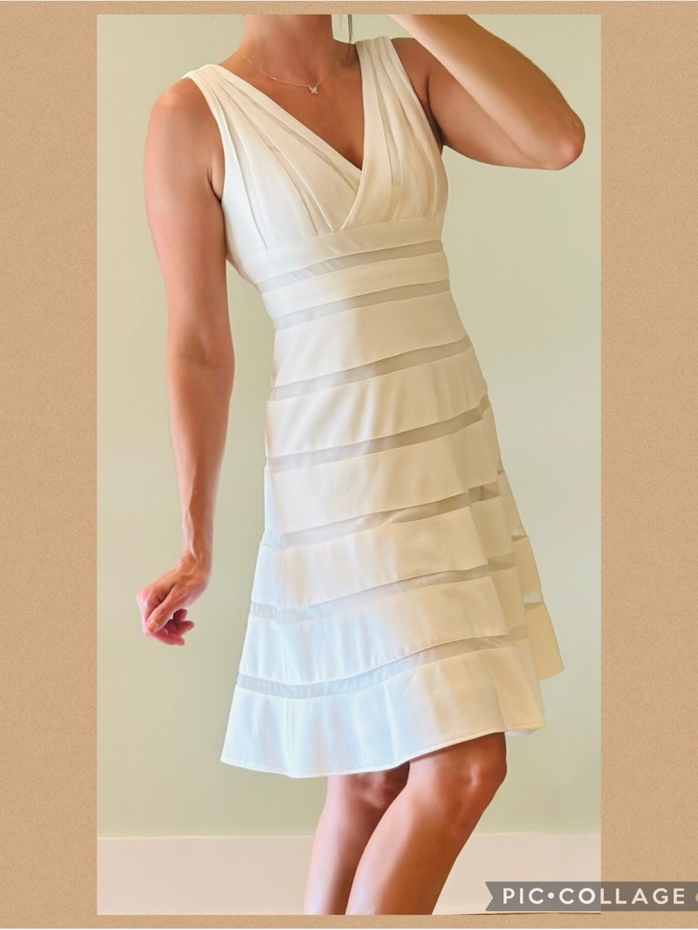 Dress Barn Elegant V-Neck Ivory A-Line Dress with Sheer Stripes